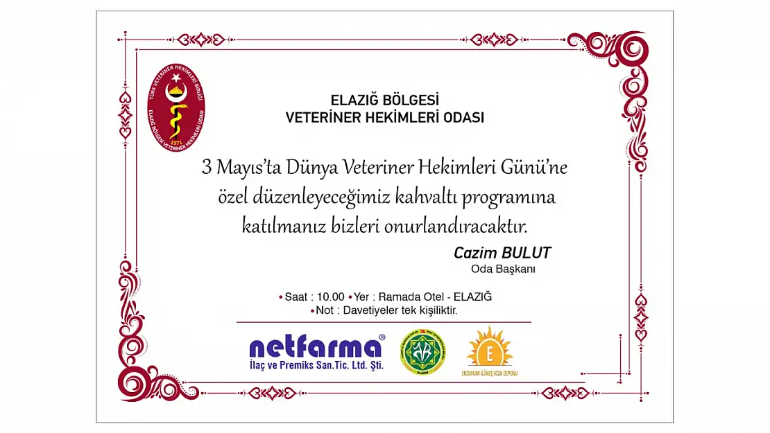 Elazığ'da Veteriner Hekimler Günü'ne Özel Kahvaltı Programı Düzenlenecek