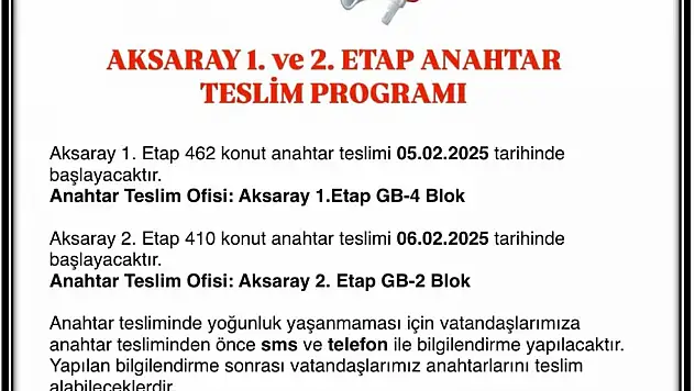 Aksaray Mahallesi 1. ve 2 Etap Anahtar Teslim Programı Belli Oldu