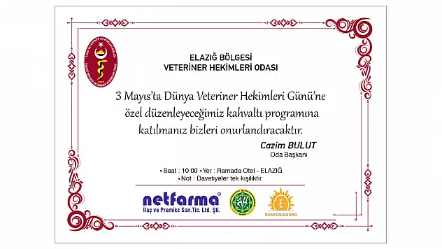 Elazığ'da Veteriner Hekimler Günü'ne Özel Kahvaltı Programı Düzenlenecek